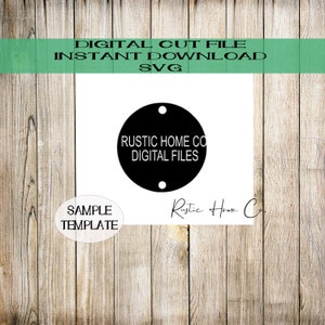 May include: A black and white digital file design for a round sticker or label that says "Rustic Home Co Digital Files". The design is on a wood background.