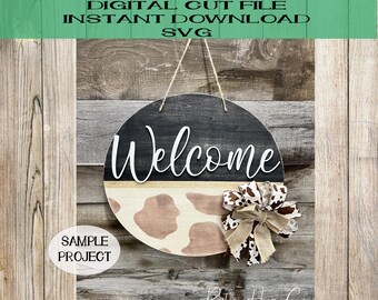 Bienvenido Doorhanger svg Cow Print svg vaca spot Corte láser archivo digital Plantilla Diseño patrón de vaca regalo de bienvenida