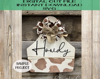 Howdy Doorhanger svg Cow Print Tag vaca spot Laser Cut Digital SVG archivo Plantilla Diseño patrón de vaca