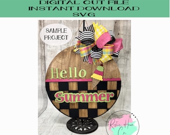 Hello Summer doorhanger, checker Welcome round svg, ice cream scoop, Laser Cut digital download File Design