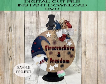 Gnome 4th of July Firecrackers and Freedom Welcome Doorhanger svg Laser Cut digital File Design design