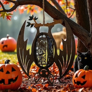 Wooden Laser Cut Hanging Bat Lantern with Fairy Lights, Halloween Decor, Bat Shaped Lantern, Spooky Outdoor String Light, Gothic Night Light