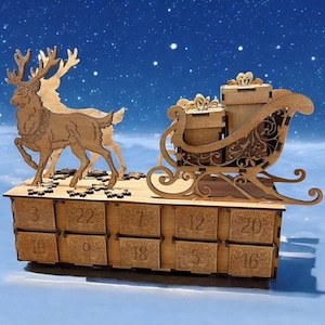 Sleigh and Reindeer Advent Calendar, Wooden Holiday Countdown, Christmas Decor, Santa Sleigh, Rustic Winter Decor