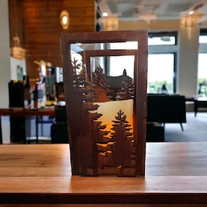 Forest Lantern with flameless candle, Rustic Protected Outdoor Garden Décor, Laser Cut Handmade Wood Candle Holder for Home and Cabin