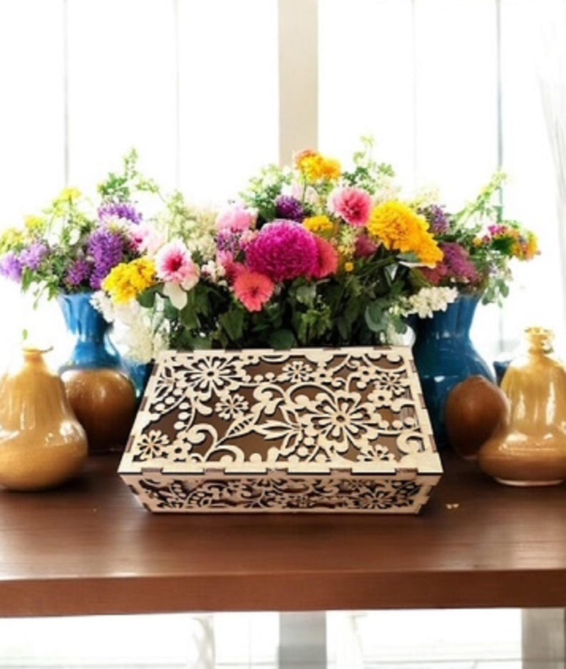Laser Cut Flower Keepsake Box - Decorative Wood Storage, Gift Box for ...