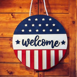 American Flag Door Hanger - Patriotic Home Decor for Front Door, 4th of July Decoration, Rustic USA Welcome Sign