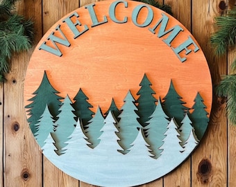 Rustic Layered Pines Welcome Sign: Handmade Wooden Door Decor