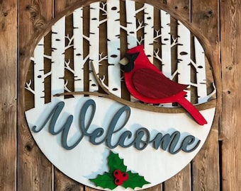 Wintry Cardinal Welcome Door Hanger: Laser Cut Wood