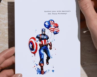Tarjeta de cumpleaños del Capitán América, tarjeta de felicitación de superhéroe de acuarela
