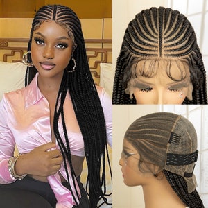 May include: A black braided wig with a lace front and adjustable straps. The wig is styled in long, straight braids.