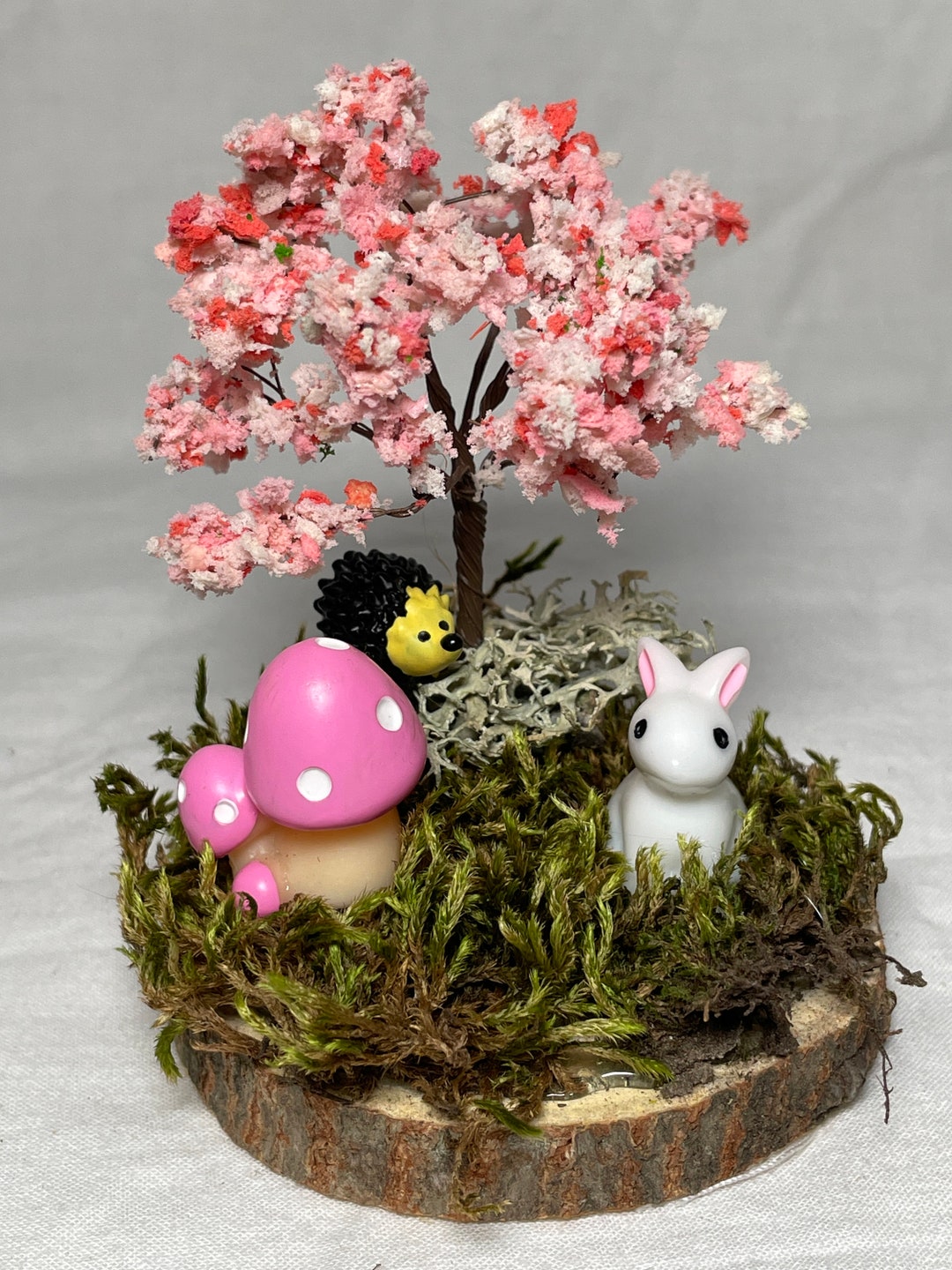 Miniature Spring Themed Diorama With a Bunny, Mushrooms, Pink Blooming ...