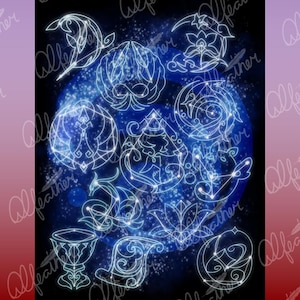 May include: A blue background with white constellations in the shape of various symbols. The symbols are outlined in white and appear to be glowing.