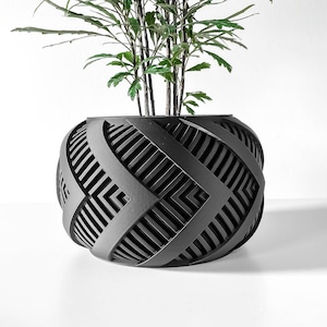 Könnte beinhalten: Ein schwarzer Topf mit geometrischem Design, in dem eine grüne, blättrige Pflanze wächst.