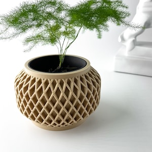 May include: A light brown, geometric planter with a diamond pattern, holding a green plant with long, thin leaves.