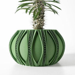 May include: A green ceramic planter with a textured, geometric design. The planter is round and has a wide opening. A small plant with spiky leaves is growing in the planter.