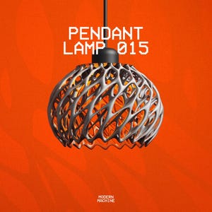 May include: A pendant lamp with a dark gray, intricate, web-like lattice shade and a black top fixture. The text PENDANT LAMP 015 is visible above the shade, and the text MODERN MACHINE is visible at the bottom against a bright orange background.