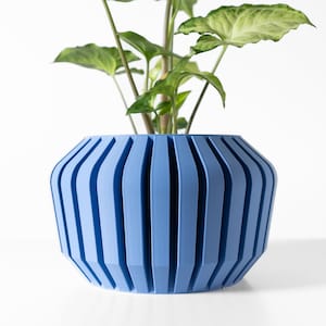 May include: A blue ceramic planter with a ribbed design. The planter is filled with a green plant with large leaves.