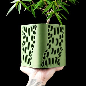 May include: A green square planter with a unique cut-out design, holding a small green-leafed plant. The planter is held up against a black background. The planter is approximately 6 inches tall.
