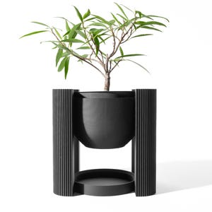May include: A black planter with a plant inside. The planter has a raised base and a ribbed design.