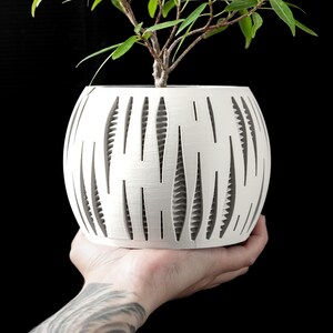 Peut inclure: Un pot en céramique blanche avec un motif géométrique, contenant une petite plante verte. Le pot a une forme arrondie et une surface texturée.