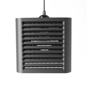 May include: Black pendant light fixture with a rectangular shade featuring a slatted design.