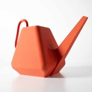 May include: A bright orange watering can with a geometric design. The can has a long spout and a handle.
