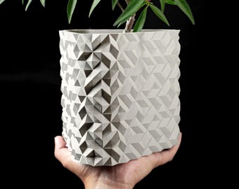 Puede incluir: Una maceta de hormigón gris claro con un patrón geométrico, que contiene una planta verde con hojas. La maceta tiene forma cuadrada y un diseño triangular repetitivo. La planta tiene hojas verdes largas y delgadas.