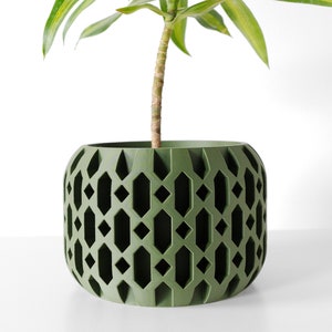 May include: A green, geometric patterned plant pot with a plant inside. The pot has a series of diamond and rectangular cutouts. The plant has green leaves and a brown stem. The pot is sitting on a white surface.