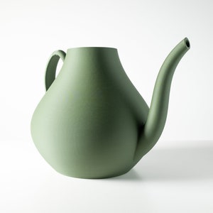 May include: A green plastic watering can with a curved spout and a handle.
