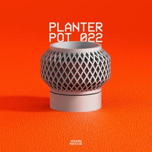 Puede incluir: Una maceta de color gris claro con un exterior de patrón de celosía y una base cilíndrica sólida. El texto PLANTER POT 022 está impreso en blanco sobre el objeto, y el texto MODERN MACHINE está impreso en blanco debajo del objeto.