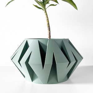 Peut inclure: Un pot de fleurs géométrique vert clair avec une plante qui pousse. Le pot a un design unique et plié.