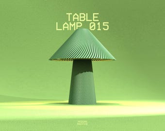 May include: A sage green table lamp with a conical, spiralled shade and a matching cylindrical base. The text "TABLE LAMP 015" appears in a pixelated font above the lamp, and "MODERN MACHINE" is printed in small text at the bottom centre.