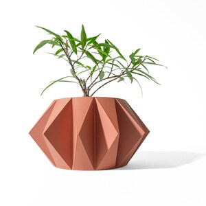May include: A terracotta-coloured planter with a geometric, faceted exterior featuring sharp, diamond-shaped folds around its circumference. A small green plant with slender, pointed leaves grows from the centre of the wide, open top.