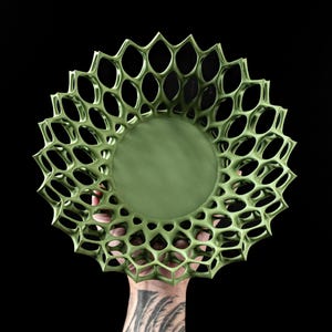 May include: A green ceramic bowl with a geometric, openwork design. The bowl is held in a hand with a tattoo.