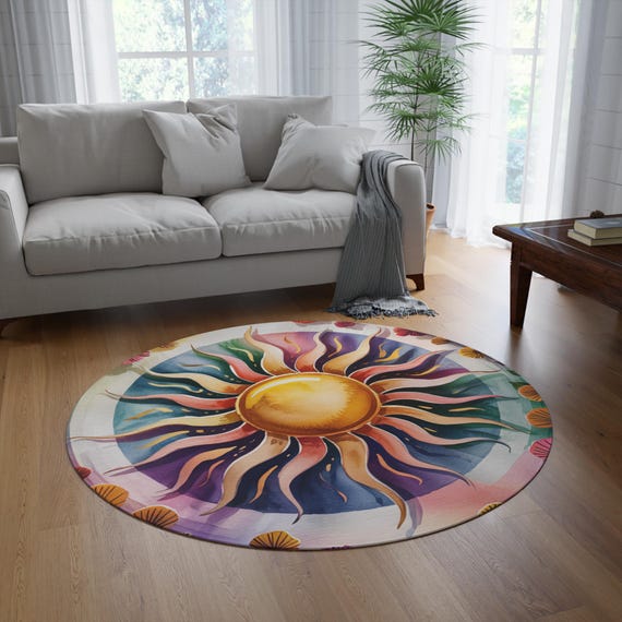 Bunter Sunburst Mandala runder Teppich | Boho Sonnen Bodenmatte