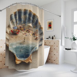 May include: A shower curtain featuring a seashell design with a beach scene inside. The shell is beige and blue, with a sandy beach, ocean, and people relaxing under umbrellas. The curtain hangs in a bathroom.