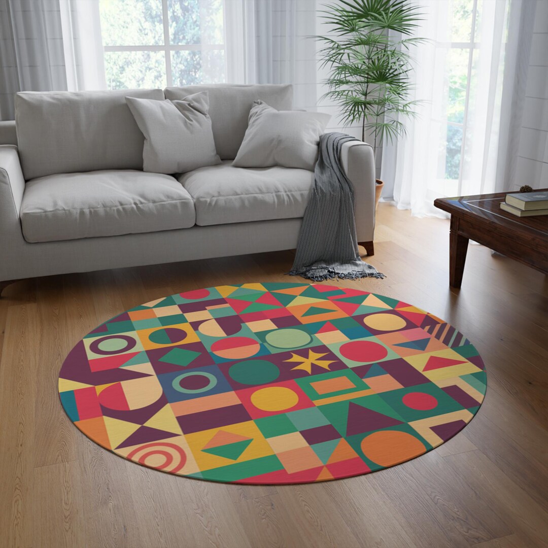 Midcentury Geometric Pattern Round Rug | Colorful Retro Shapes - Etsy
