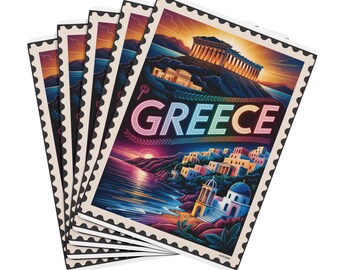 Baraja de póker con sellos de viaje antiguos de Grecia / Baraja con monumentos griegos