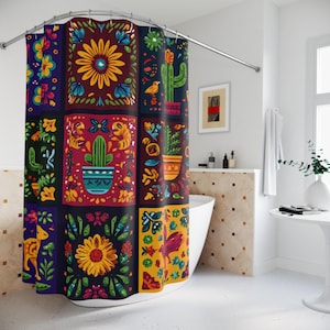 May include: A colorful shower curtain with a patchwork design featuring floral and cactus motifs. The curtain has a dark background with squares of various colors, including red, yellow, and blue. The design includes a deer, birds, and sunflowers.