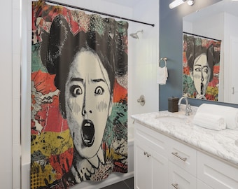 Shocked Pop Art Woman Shower Curtain | Retro Comic Portrait Bathroom Decor