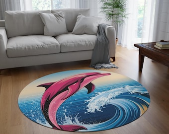 Alfombra redonda con delfín rosado saltando sobre olas del océano / Decoración náutica costera