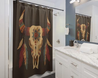 Boho Buffalo Skull Shower Curtain | Southwestern Tribal Feathers