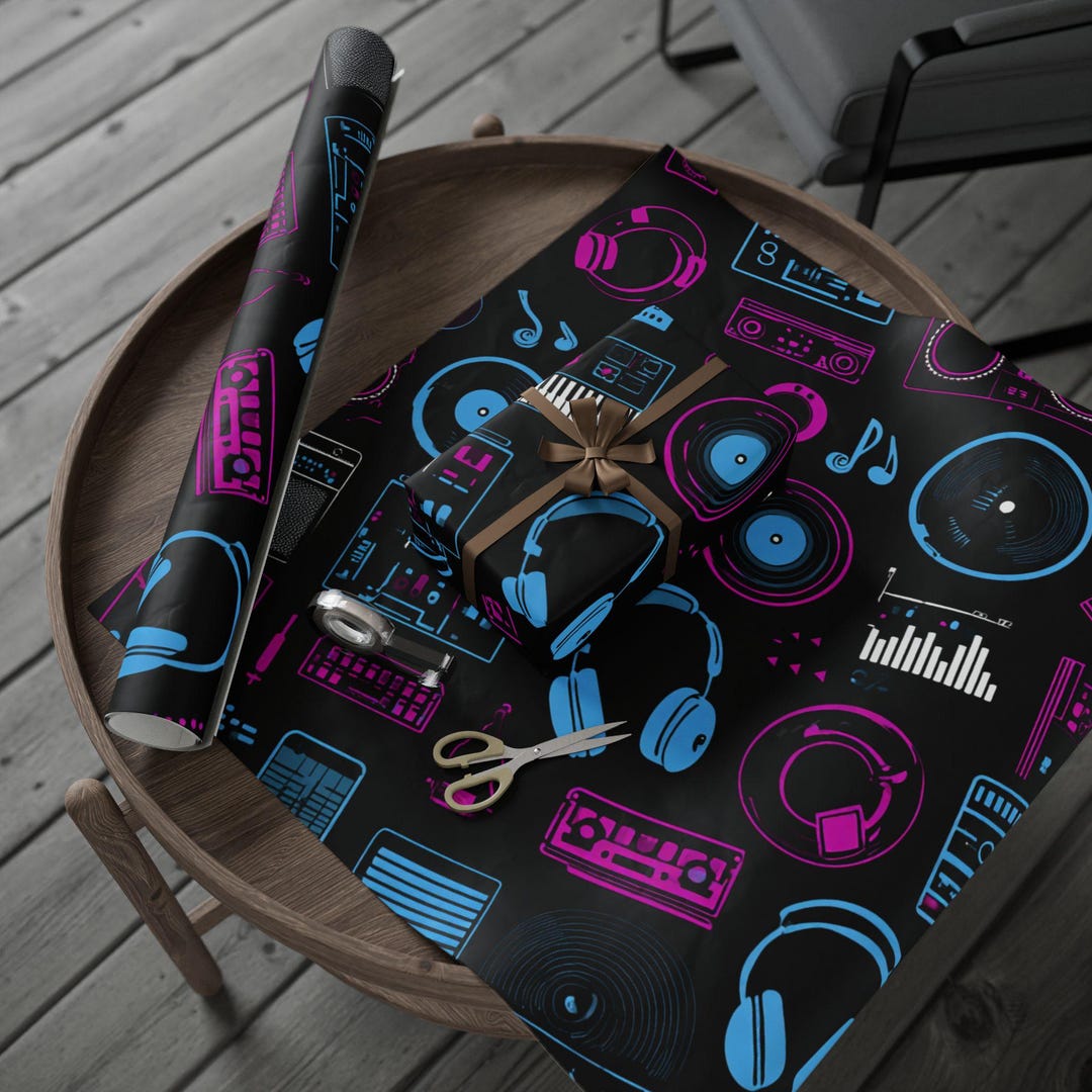 Neon Retro Music Icons Wrapping Paper | Vinyl Records Cassette Tape ...