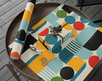 Mid-Century Geometric Pattern Wrapping Paper | Retro Abstract Gift Wrap Roll