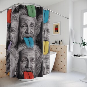 May include: A shower curtain with a repeating monochrome pattern of Albert Einstein's face, each with a brightly coloured tongue. The tongues are red, blue, yellow, green, and purple. The curtain is in a bathroom.