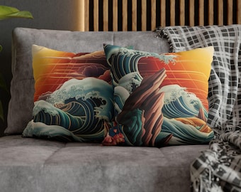 Sunset Ocean Wave Pillowcase | Coastal Wave Throw Pillow Cover
