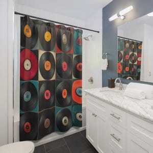 Retro Vinyl Record Shower Curtain | Music Records Pattern, Vintage DJ Decor