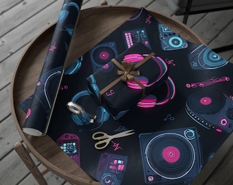 Neon Retro Gaming Pattern Wrapping Paper | Dark Arcade Controllers, Headphones
