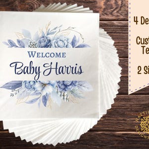 Elegant Baby Shower Napkins, Blue Floral Design, Personalized Text Available, Lunch Beverage Sizes, 4 Styles, Custom Party Decor
