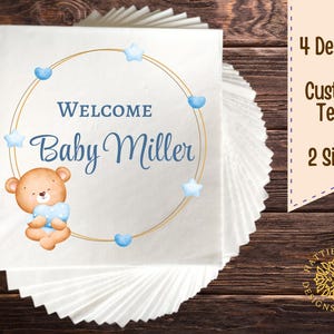 Adorable Teddy Bear Baby Shower Napkins, Blue Heart and Star Design, Perfect for Gender Reveal, Luncheon and Beverage Sizes Available
